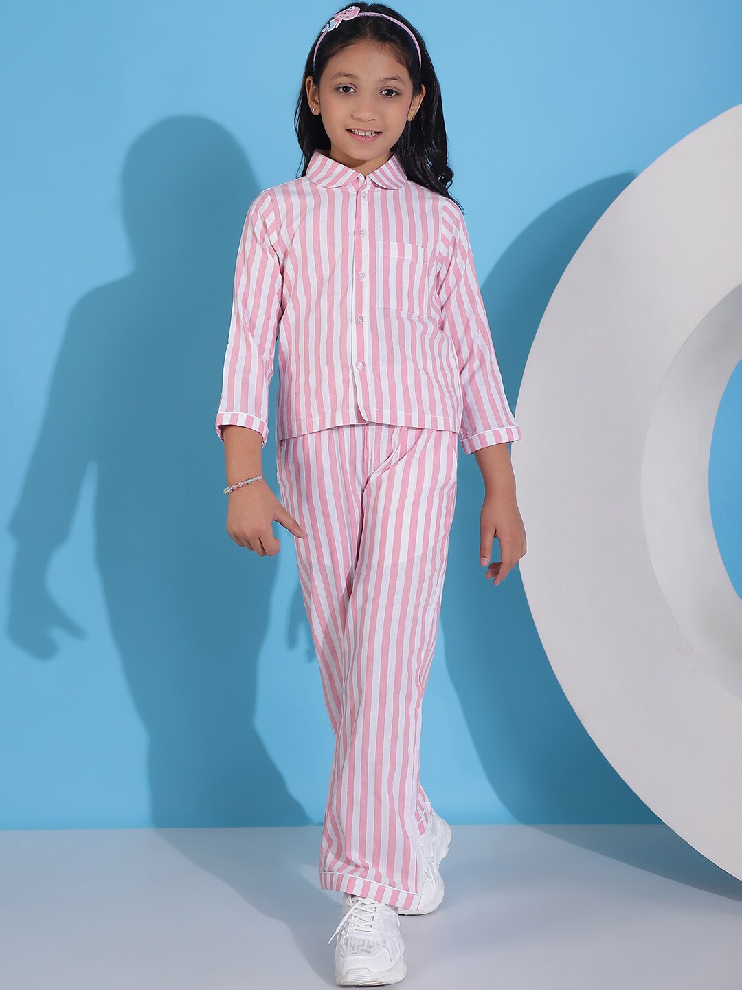 

NEUDIS Girls Striped Pure Cotton Shirt with Trousers, Pink