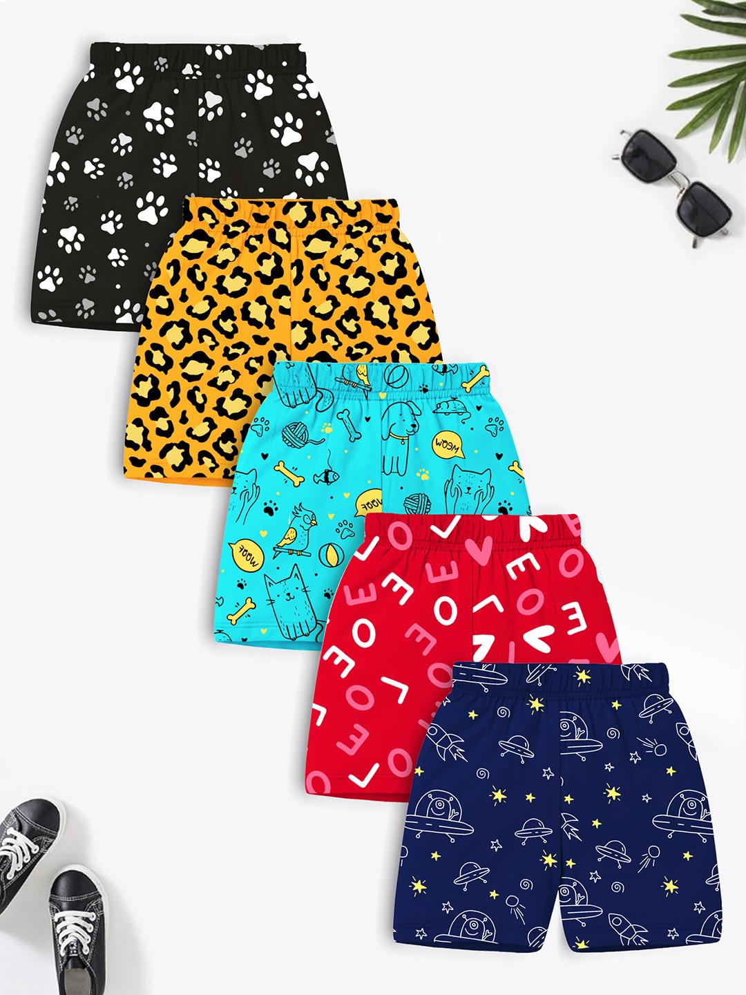 

Trampoline Boys Pack Of 5 Graphic Printed Cotton Shorts, Black