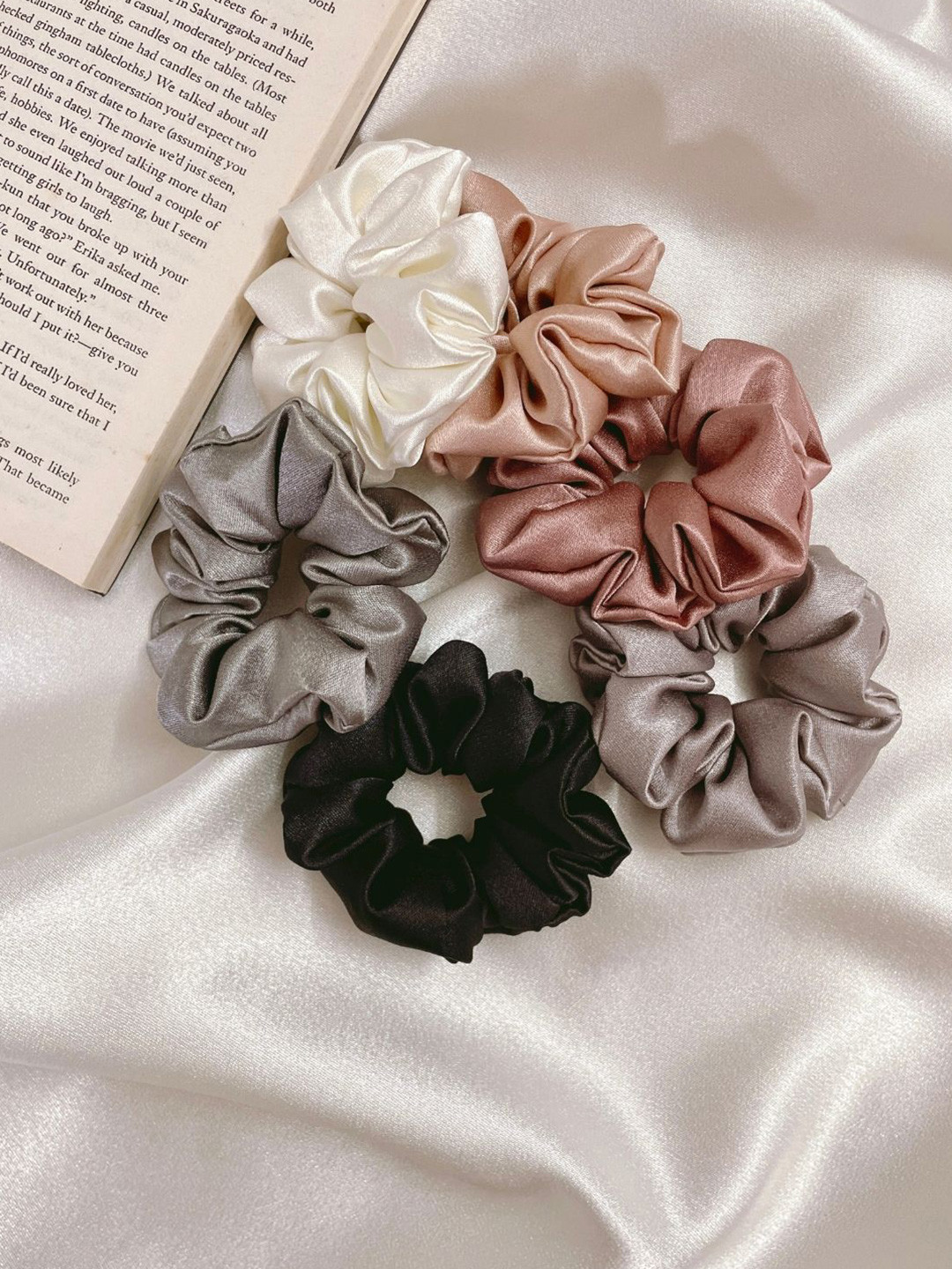 

MUERAS Pack of 6 Satin Silk Scrunchies, Grey