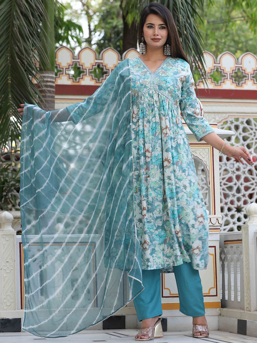 

SINGNI V-Neck Ethnic Motifs Embroidered Pleated Mirror Work Kurta Set, Blue