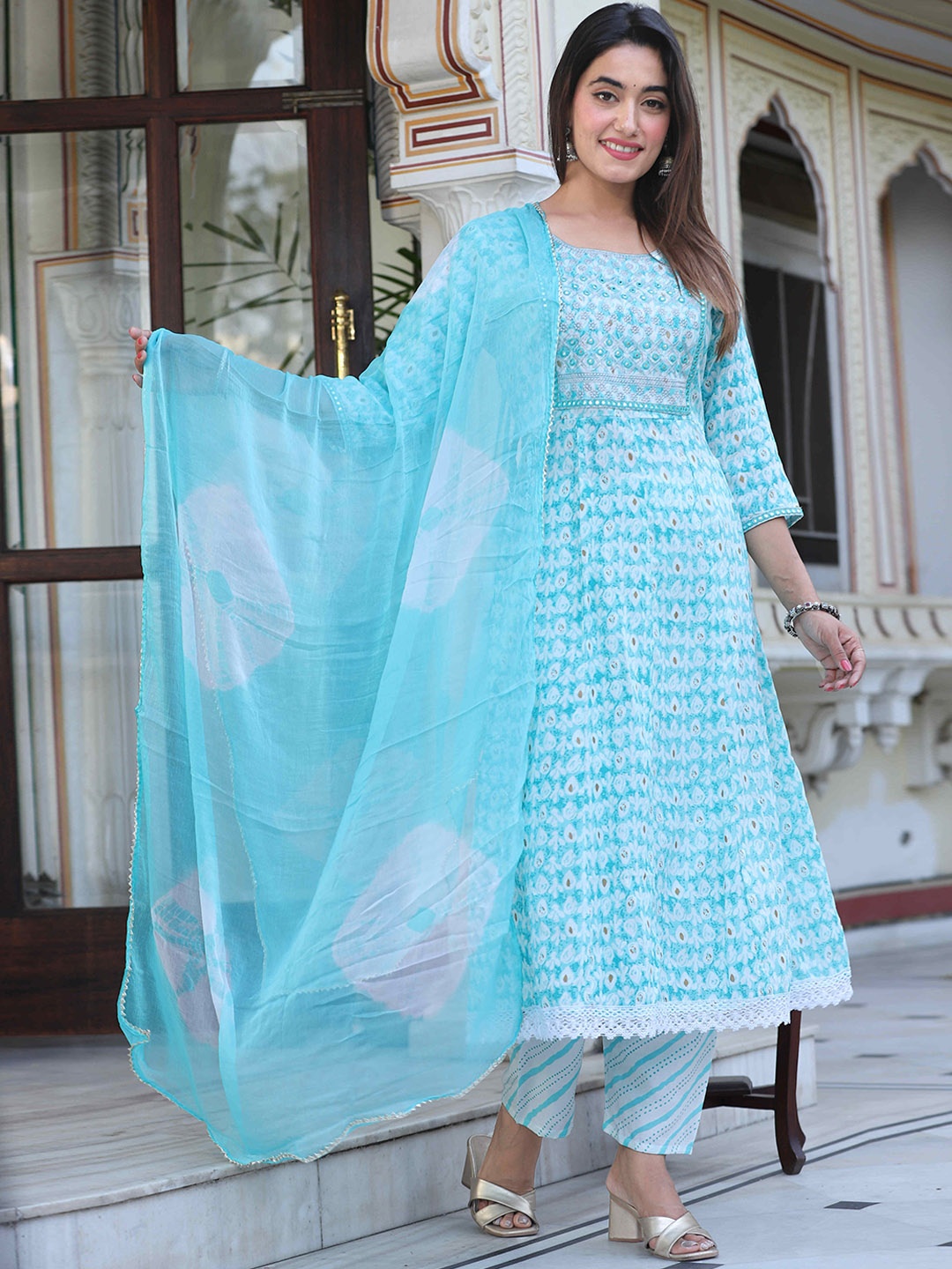 

SINGNI Ethnic Motifs Embroidered Mirror Work Anarkali Kurta & Trousers With Dupatta, Blue