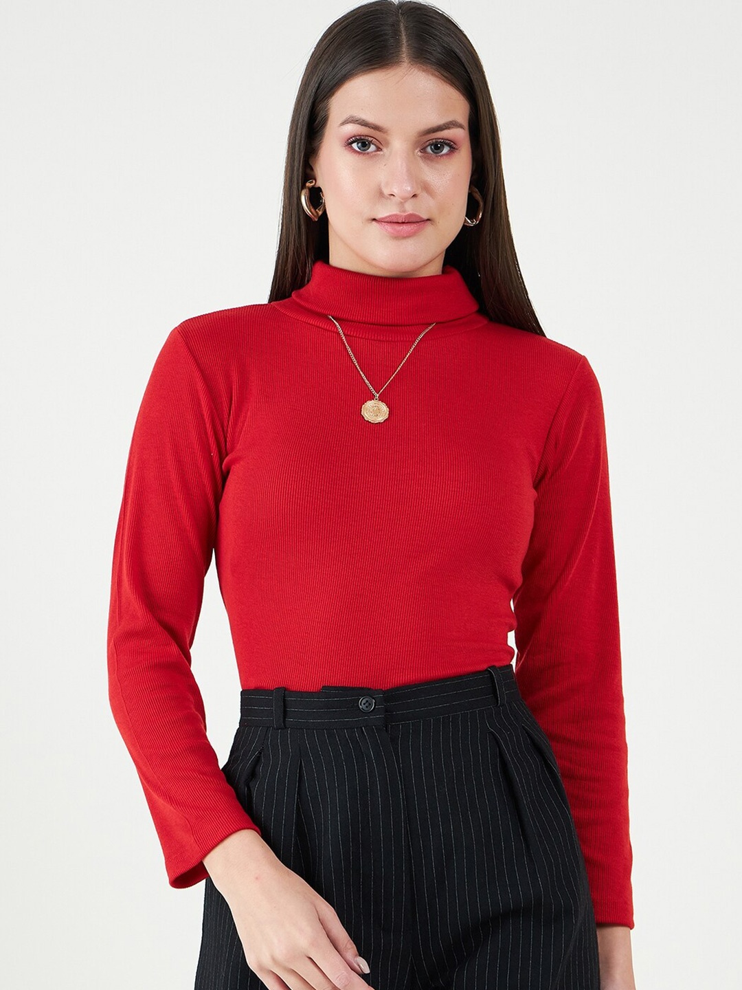 

Bitterlime Turtle Neck Cotton Fitted Top, Red