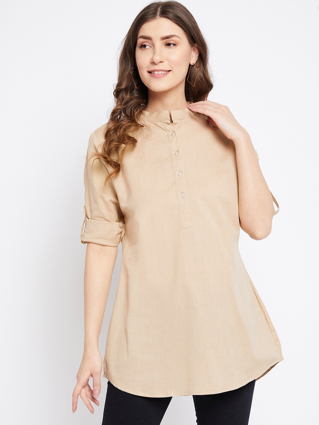 

Bitterlime Mandarin Collar Cotton Tunic, Beige
