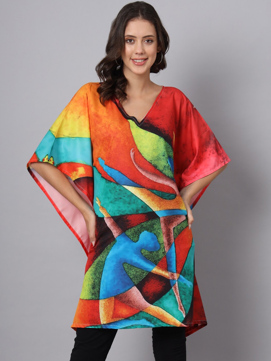 Color Cocktail Abstract Printed V-Neck Kimono Sleeve Kaftan Longline Top, Orange