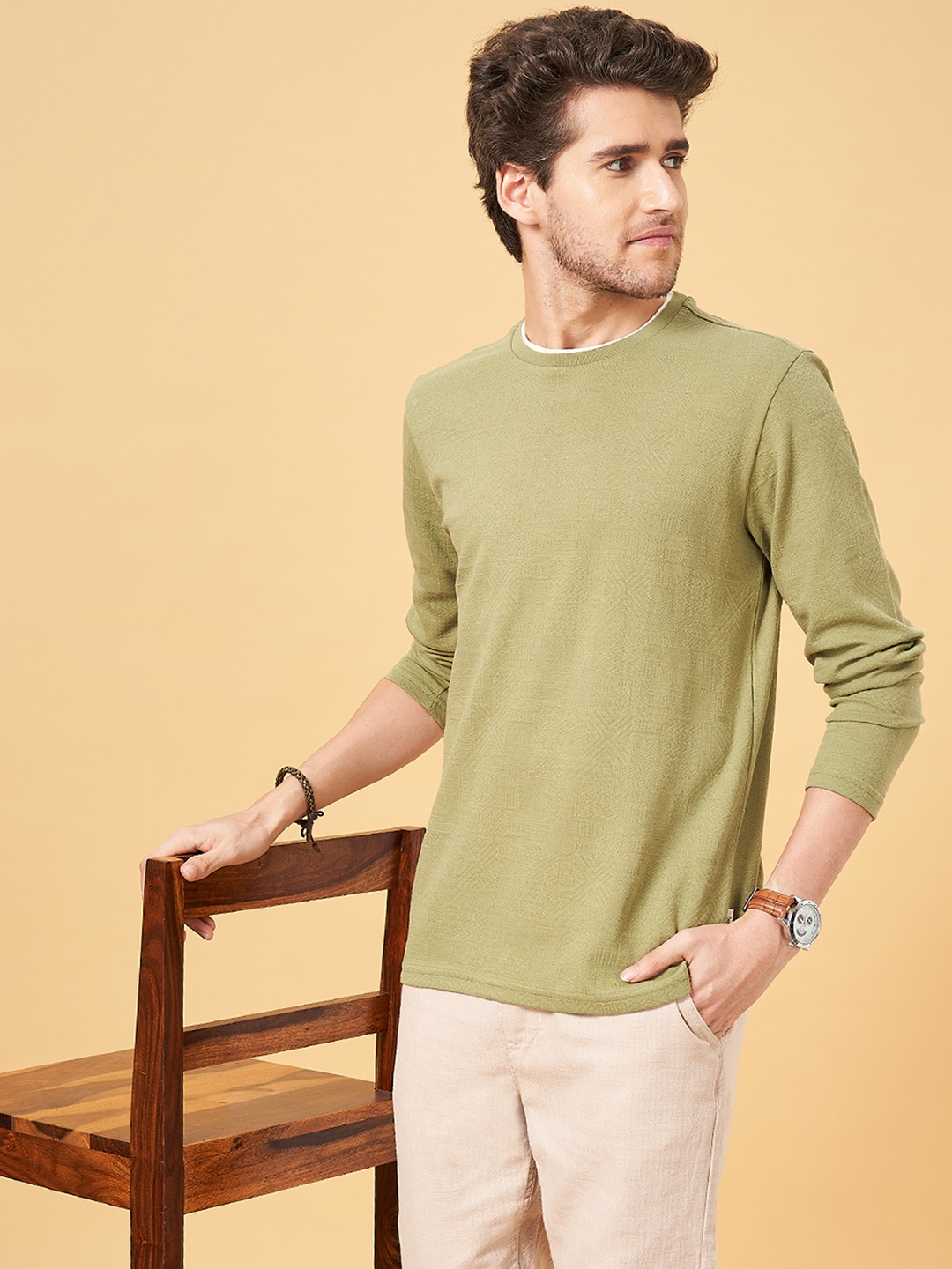 

7 Alt by Pantaloons Round Neck Long Sleeves Slim Fit T-Shirt, Olive