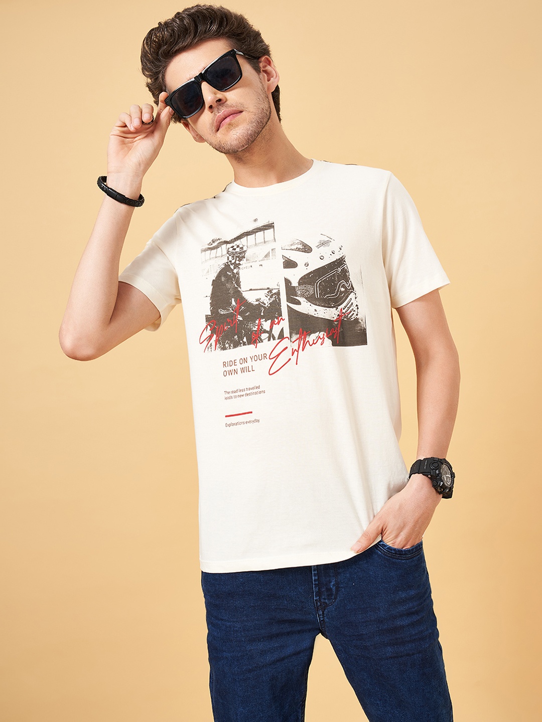 

SF JEANS by Pantaloons Round Neck Short Sleeves Graphic Printed Cotton Slim Fit T-shirt, White