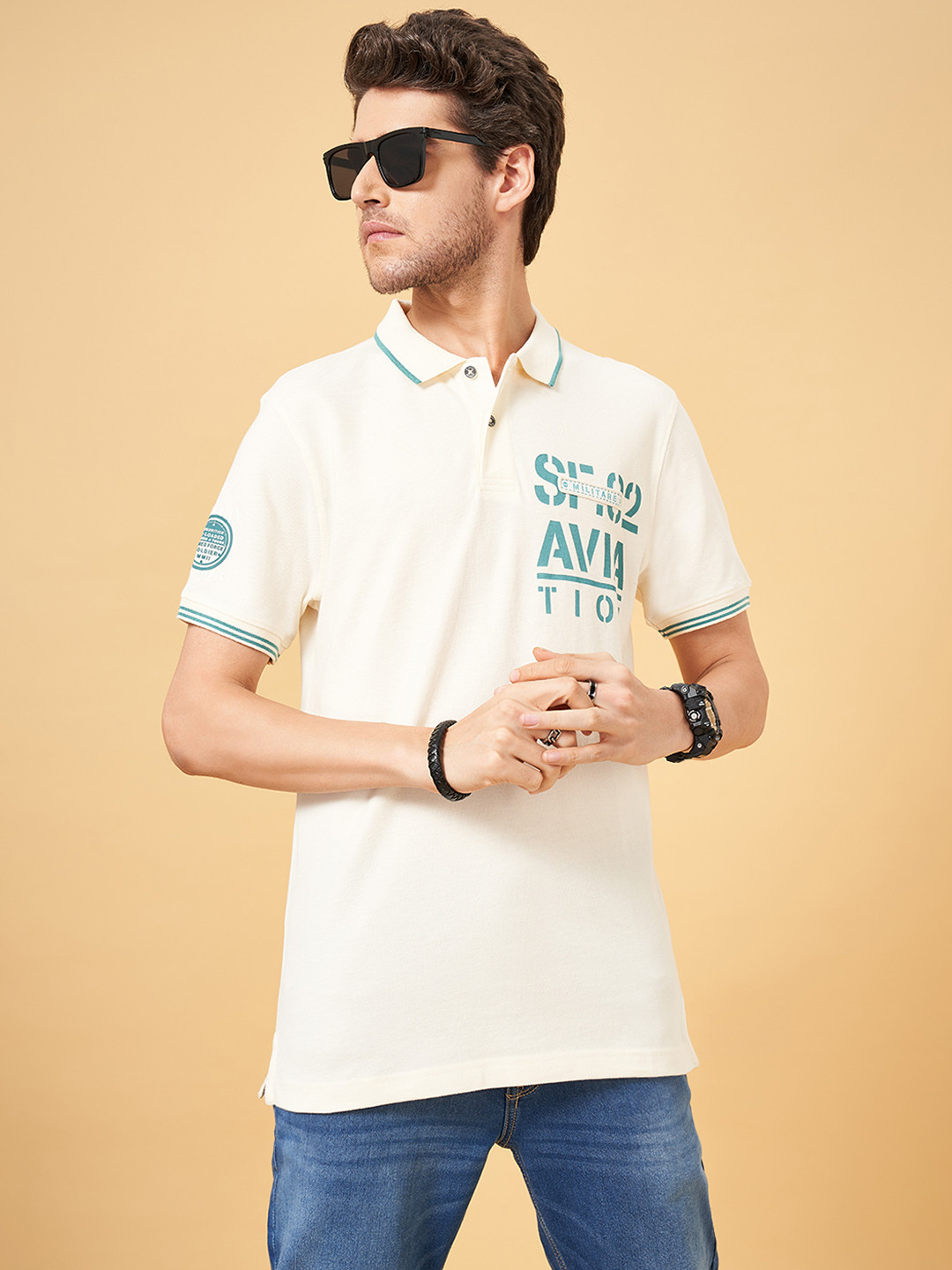 

SF JEANS by Pantaloons Polo Collar Short Sleeves Typography Print Cotton Slim Fit T-shirt, Off white