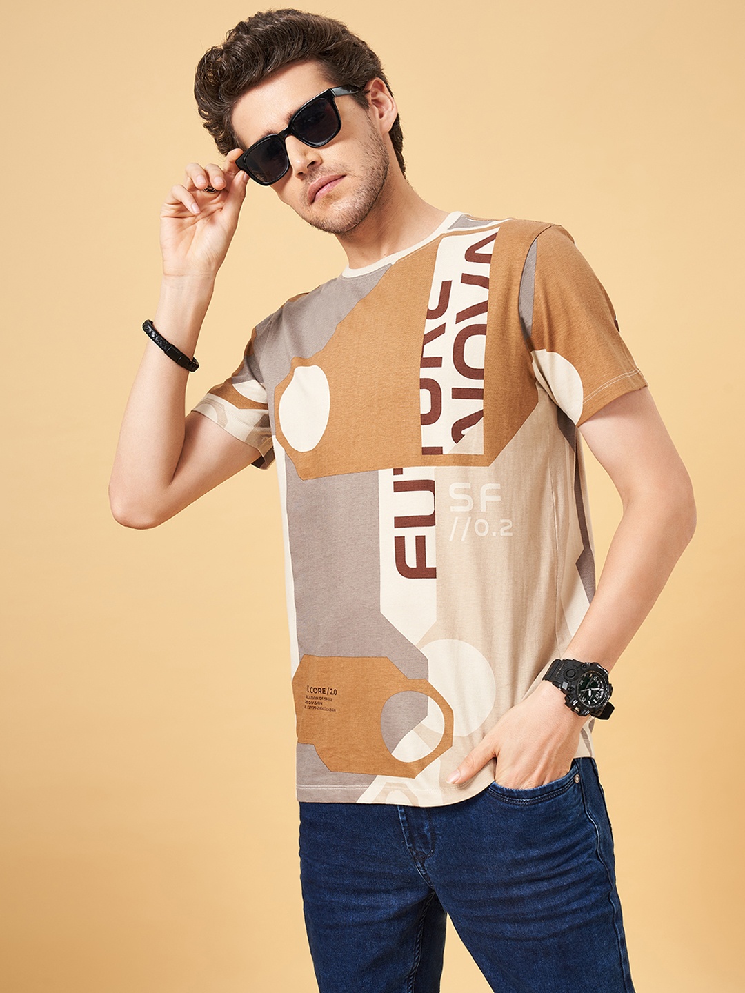 

SF JEANS by Pantaloons Slim Fit Typography Printed Pure Cotton T-shirt, Khaki