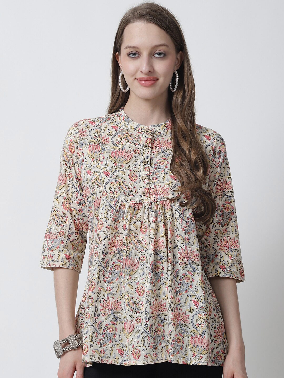 

BAESD Floral Print Mandarin Collar Cotton A-Line Top, Red