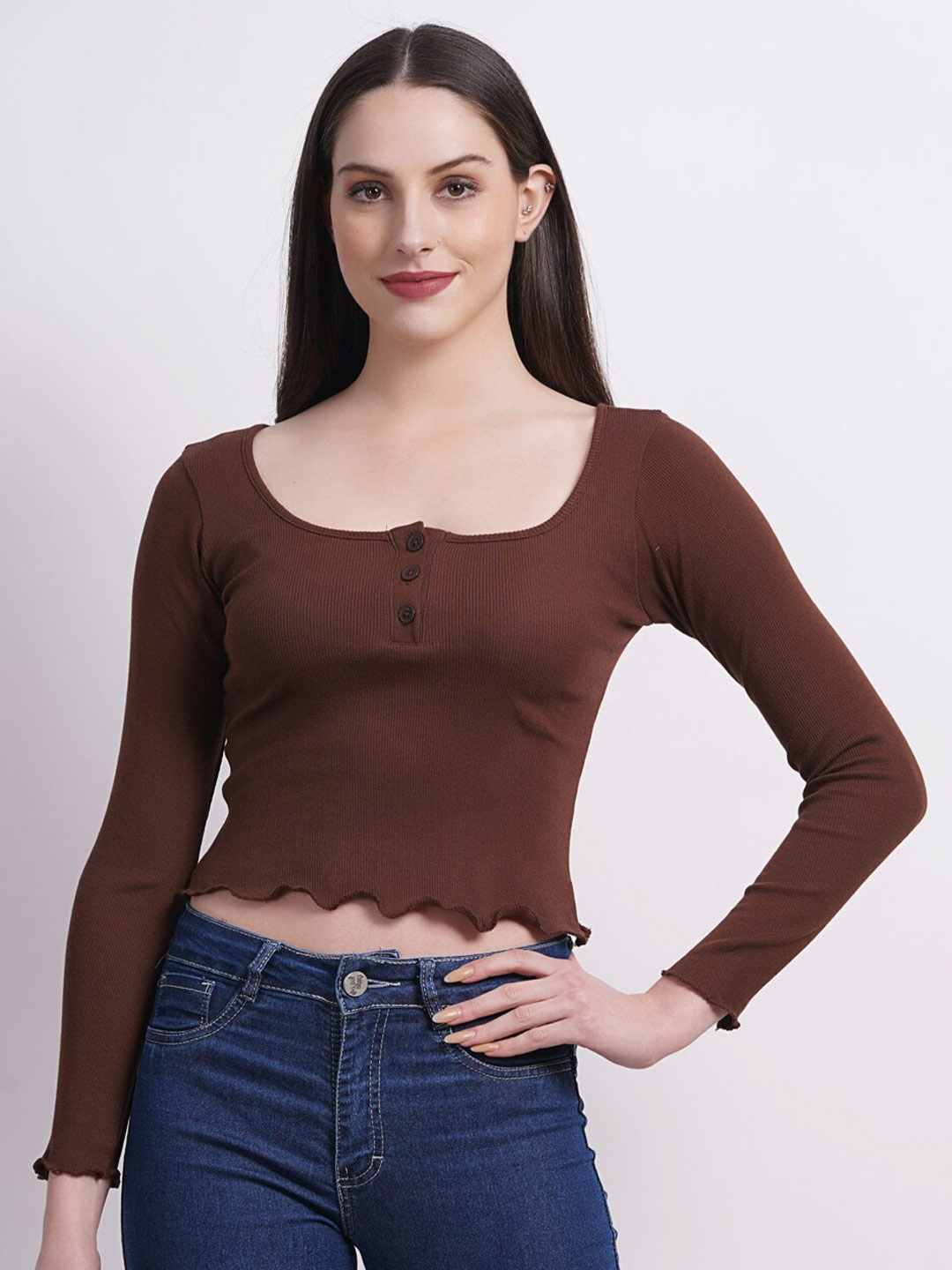 

SIGHTBOMB Scoop Neck Cotton Crop Top, Brown