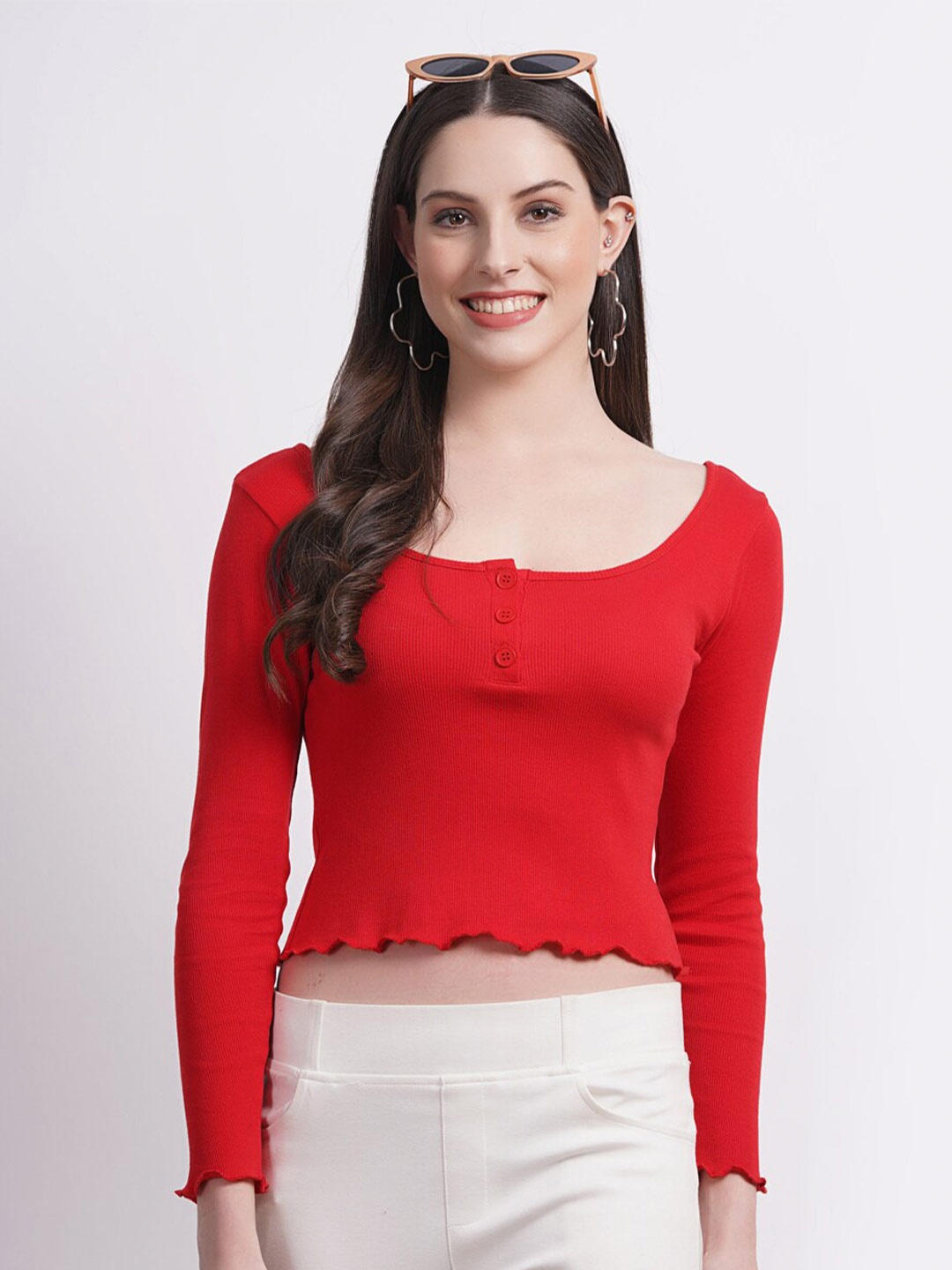 

SIGHTBOMB Scoop Neck Cotton Crop Top, Red