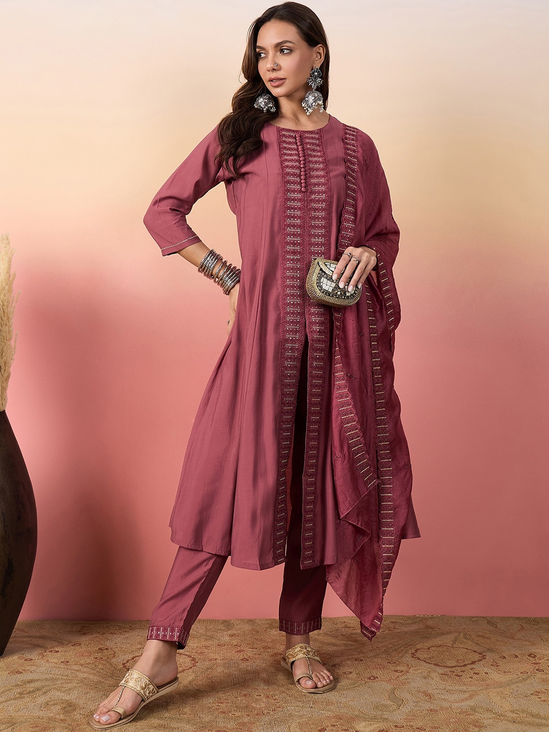 

Ariya Prints Ethnic Motifs Embroidered Straight Sequinned Pure Silk A-Line Kurta Set, Peach
