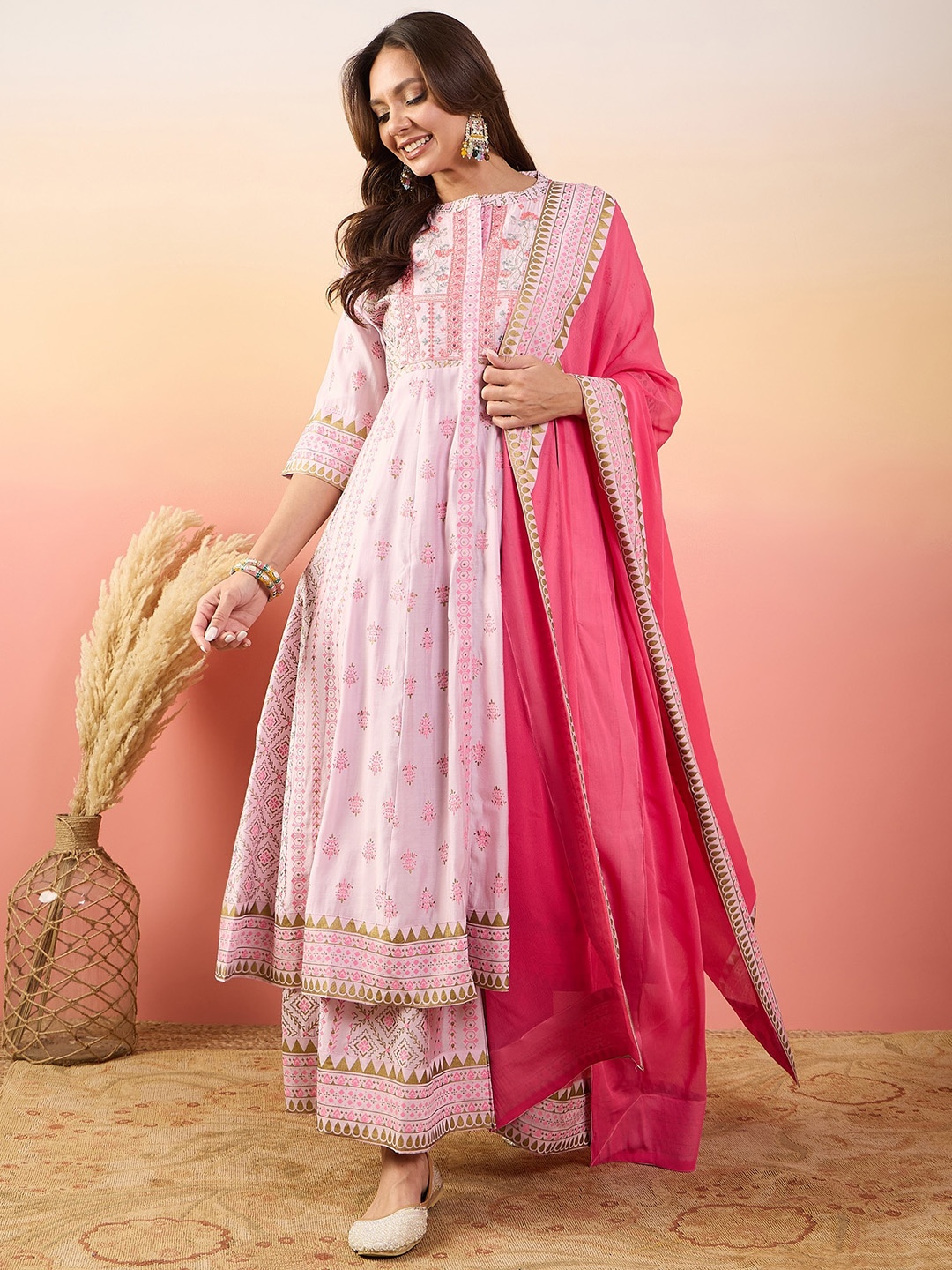 

Ariya Prints Ethnic Motifs Yoke Design Thread Work Pure Silk Kurti With Palazzos & Dupatta, Red