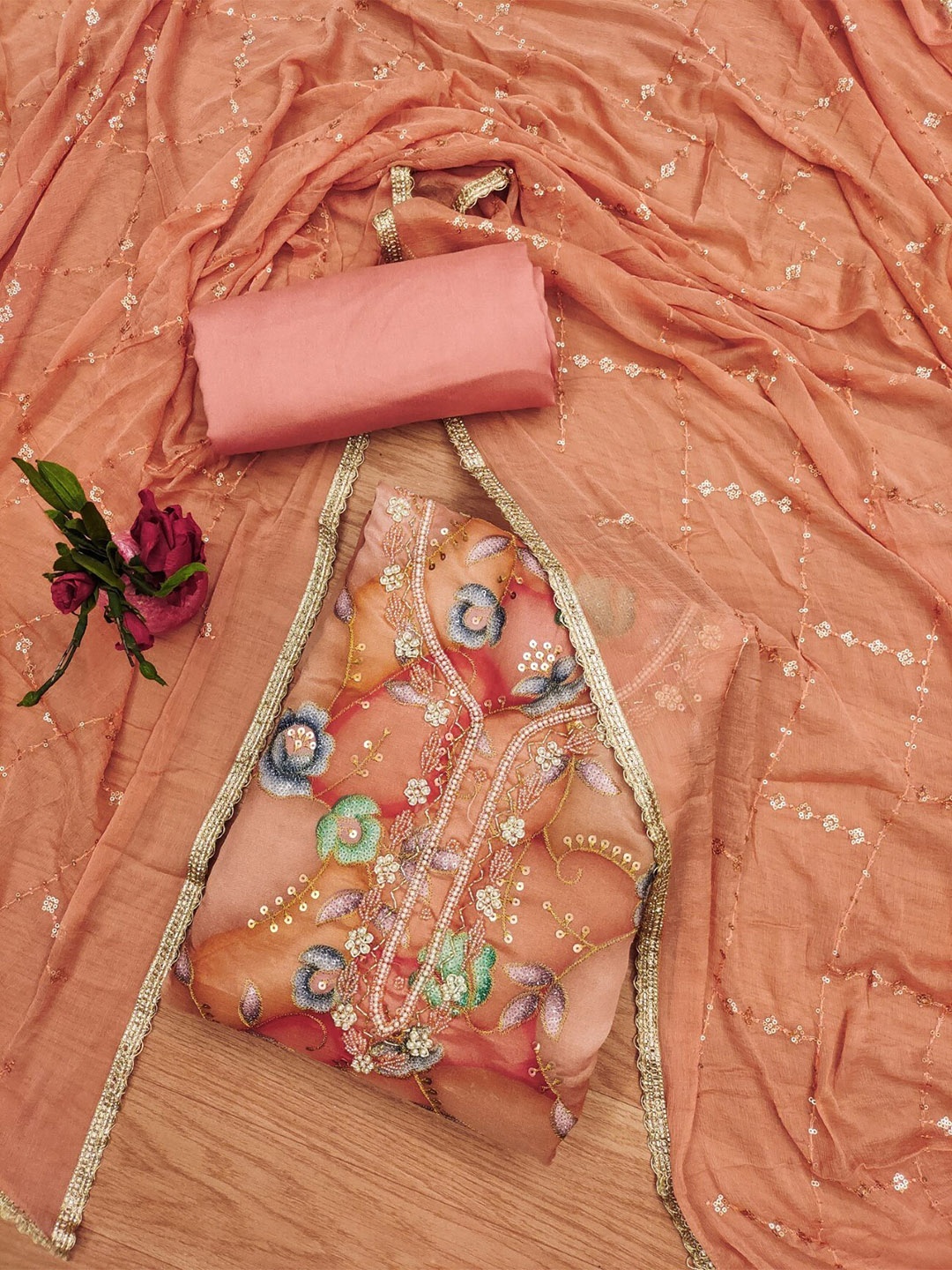 

LeeliPeeri Designer Embroidered Organza Unstitched Dress Material, Peach