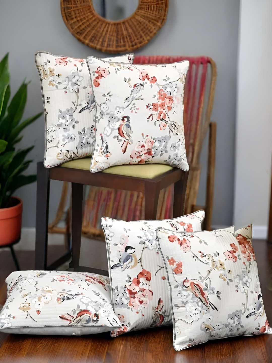 

Urban Jaipur Off White & Peach-Coloured 5 Pcs Quirky Square Cushion Covers