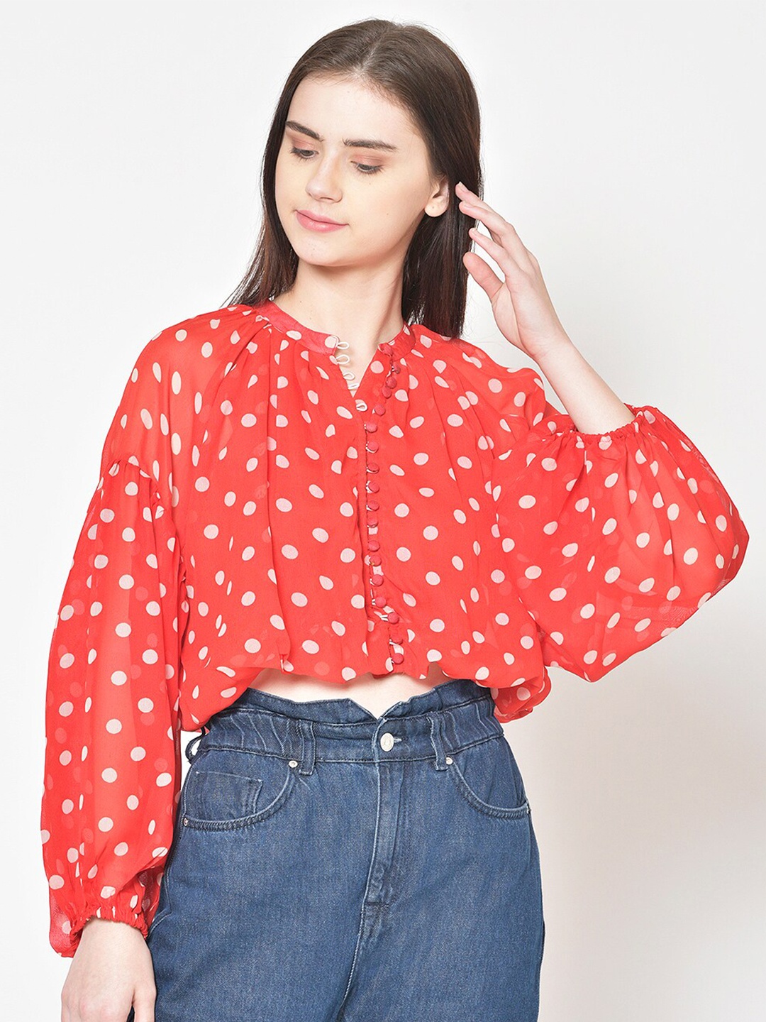 

BAESD Geometric Print Mandarin Collar Puff Sleeve Georgette Shirt Style Crop Top, Red