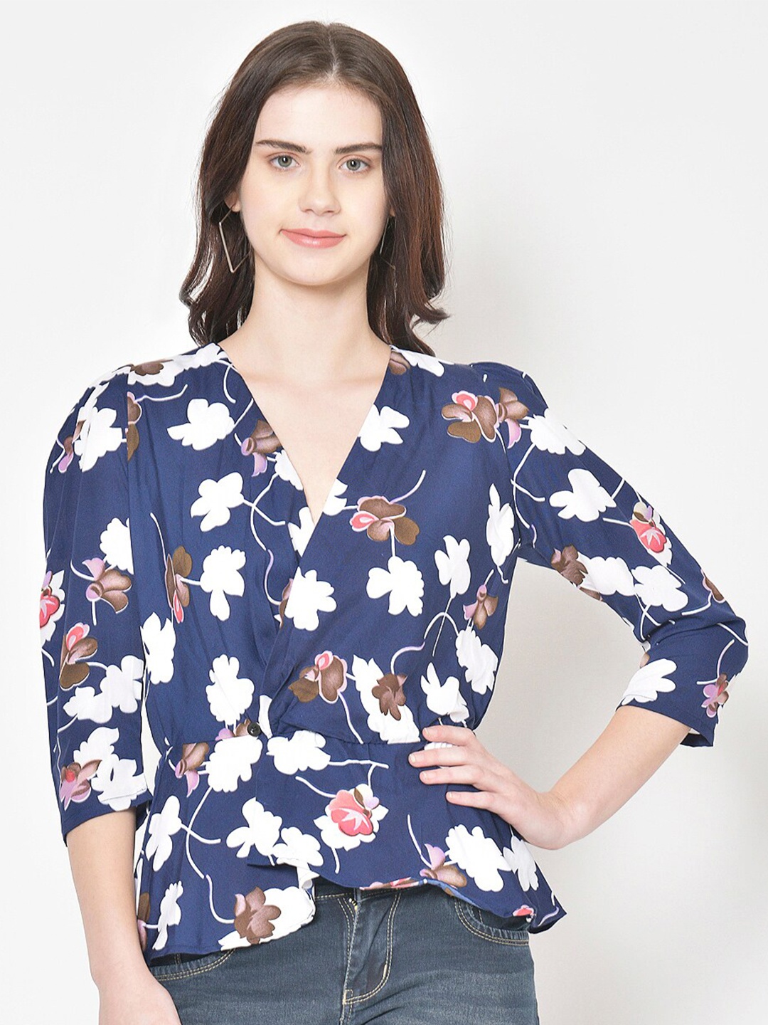 

BAESD Floral Print V-Neck Regular Sleeve Wrap Top, Navy blue