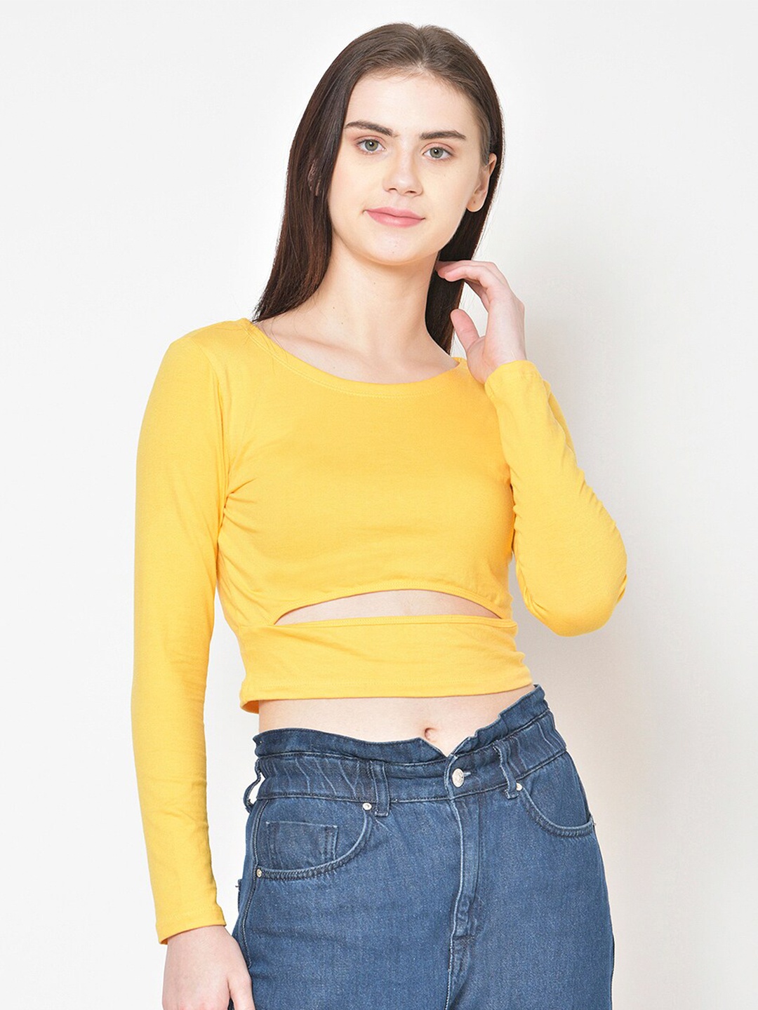 

BAESD Round Neck Long Sleeves Cotton Cut Out Crop Top, Yellow