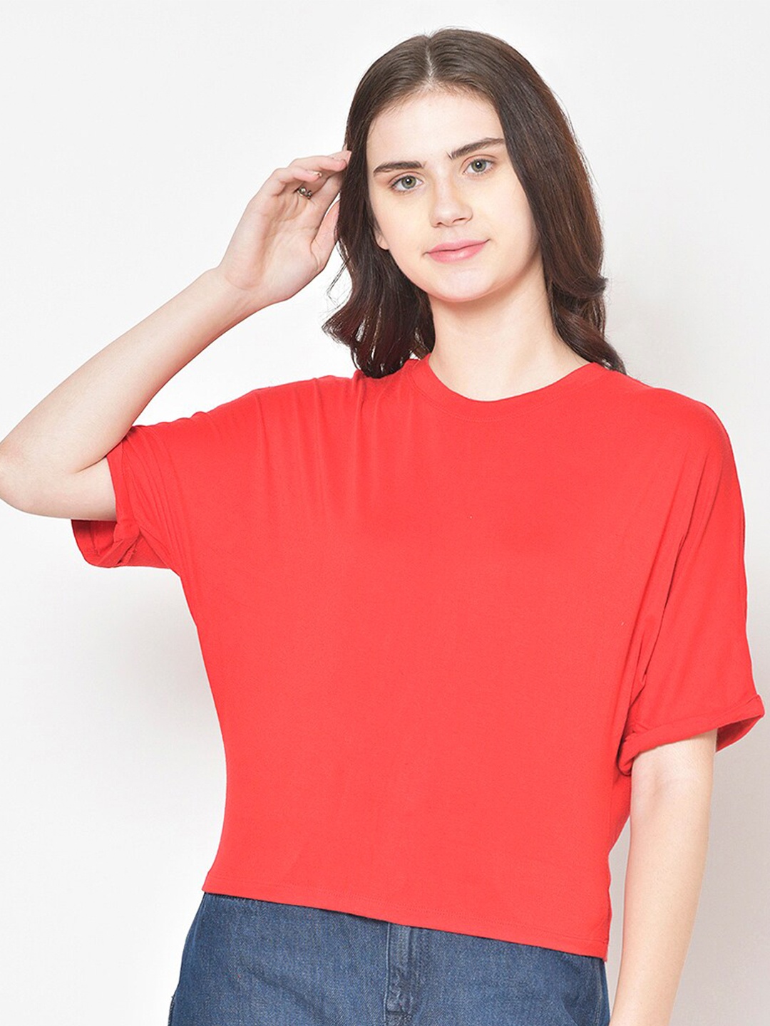 

BAESD Round Neck Extended Sleeves Cotton Top, Red