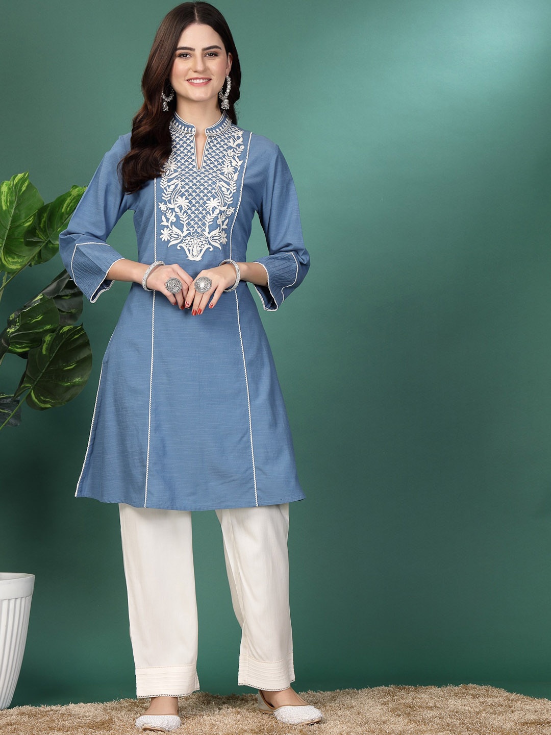 

Nayam By Lakshita Ethnic Motifs Yoke Design Panelled Thread Work Linen Kurta With Palazzos, Blue