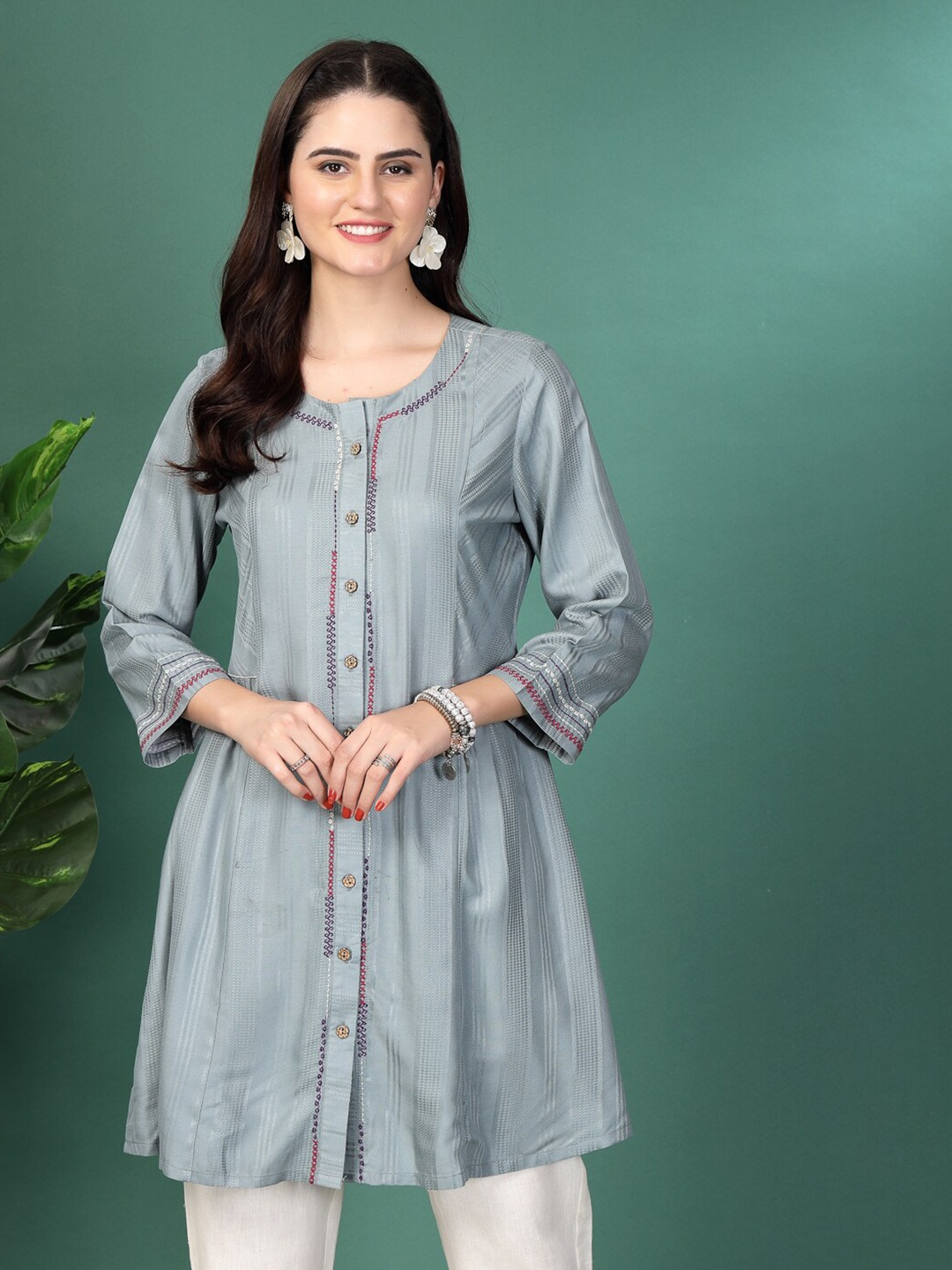 

Nayam By Lakshita Self Design Three-Quarter Sleeves Tunic, Blue