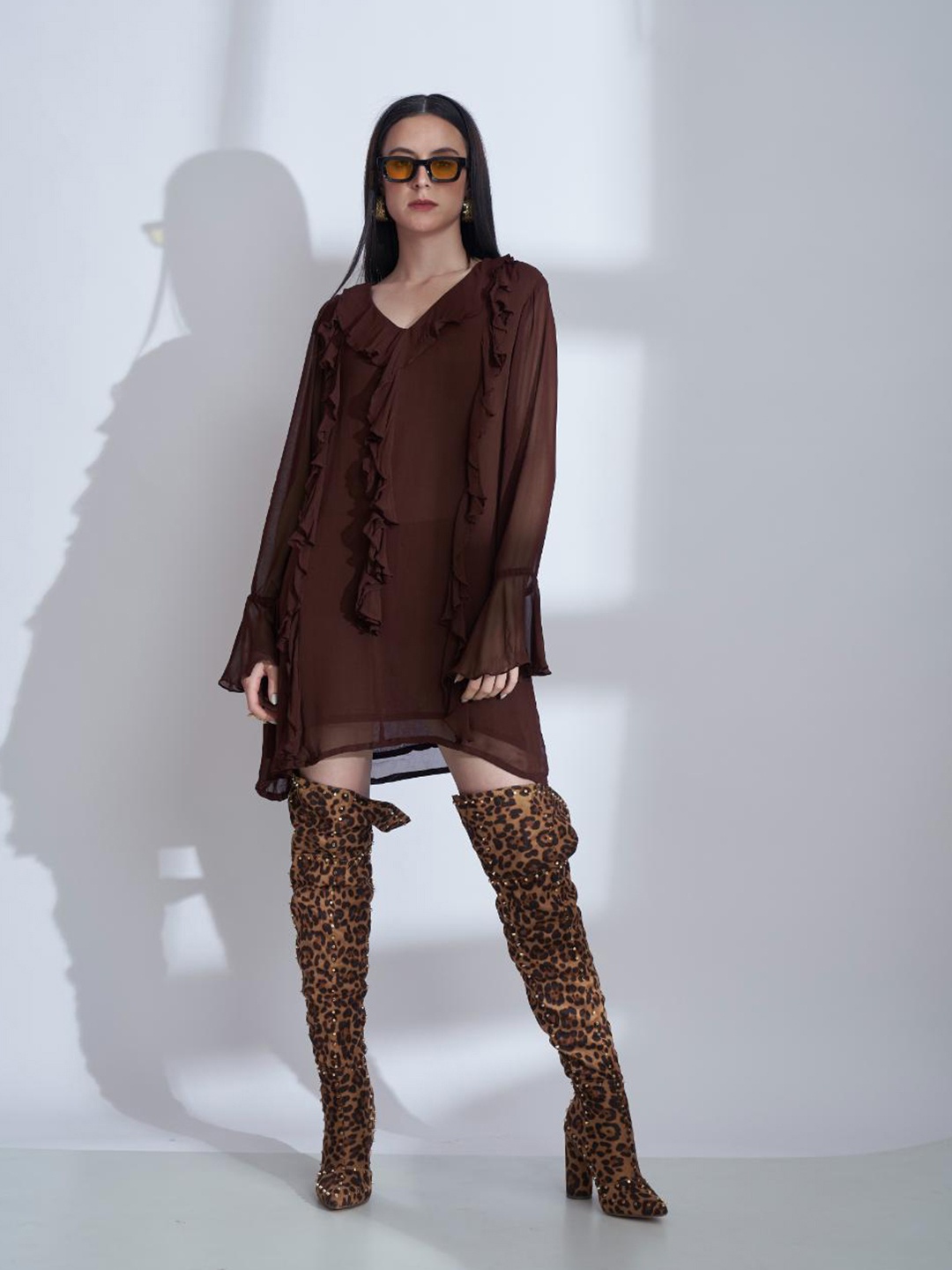 

The Samoa V-Neck Flared Sleeves Ruffles A-Line Midi Dress, Brown