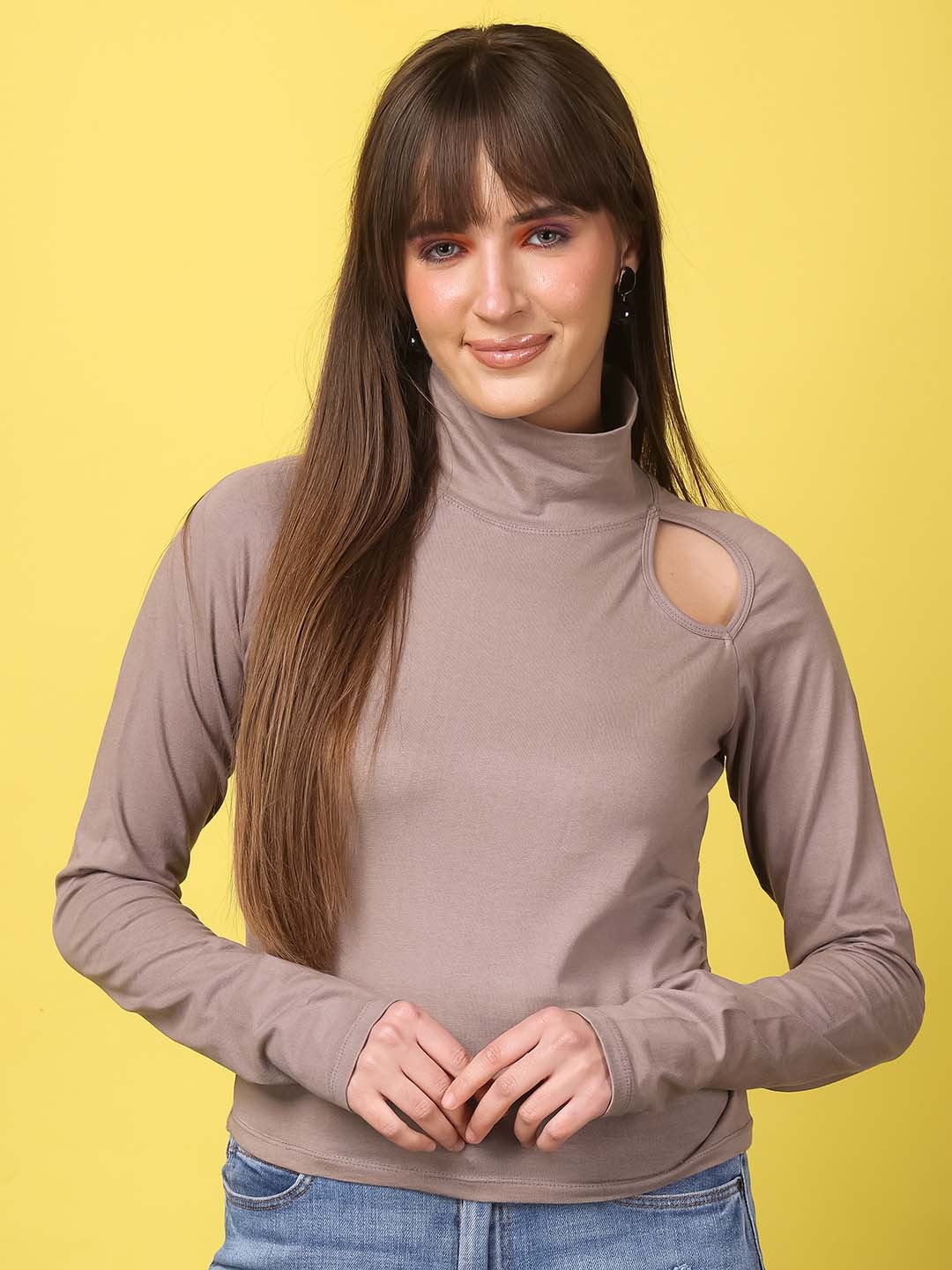 

MINOS Cotton High Neck Top, Beige