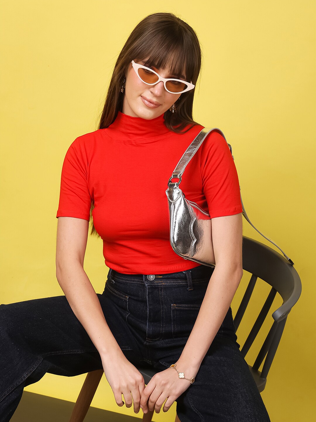 

MINOS High Neck Short Sleeves Cotton Crop Top, Red