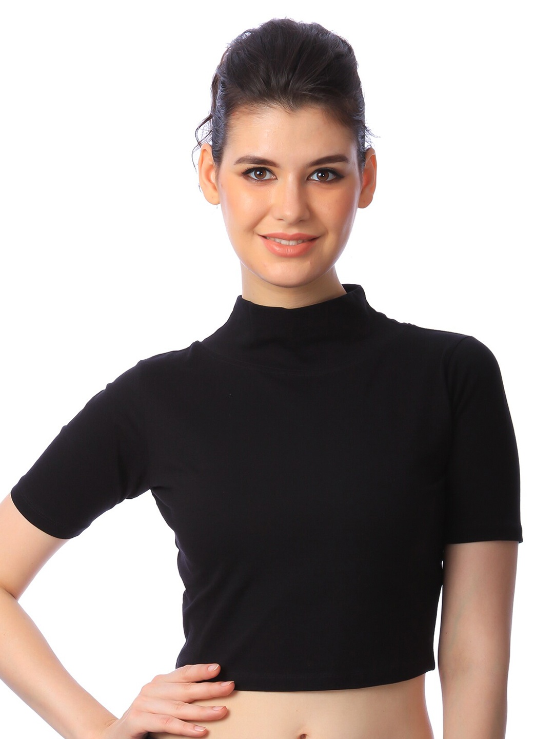 

MINOS Midnight Elegance High Neck Cotton Crop Top, Black