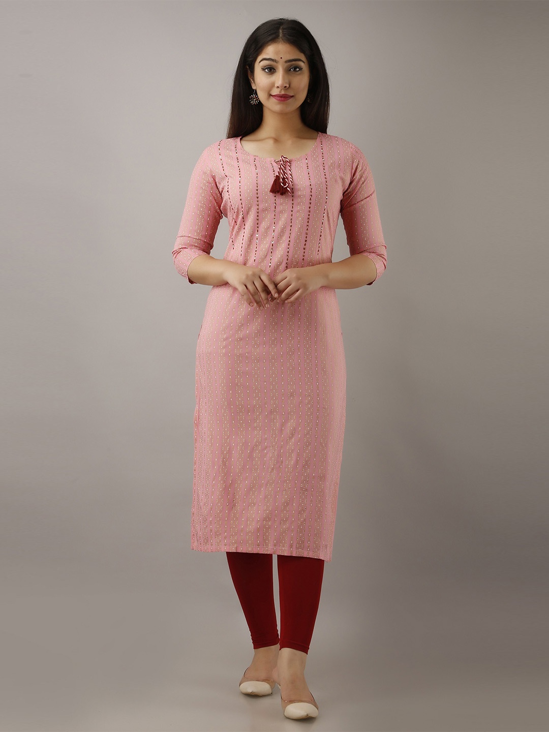 

PARIKSHIT Ethnic Motifs Printed Thread Work Cotton Straight Kurta, Peach