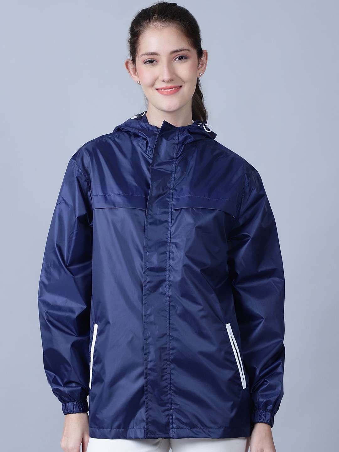 

HOUSE OF VEDAS Women Waterproof Hooded Rain Jacket, Navy blue