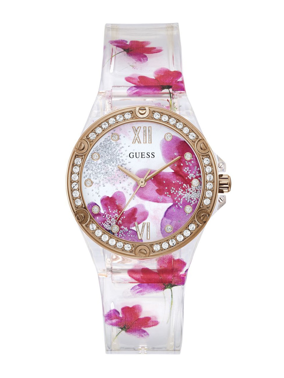 

GUESS Women Clear Bloom Analogue Floral Print Dial Watch - GW0239L1, White