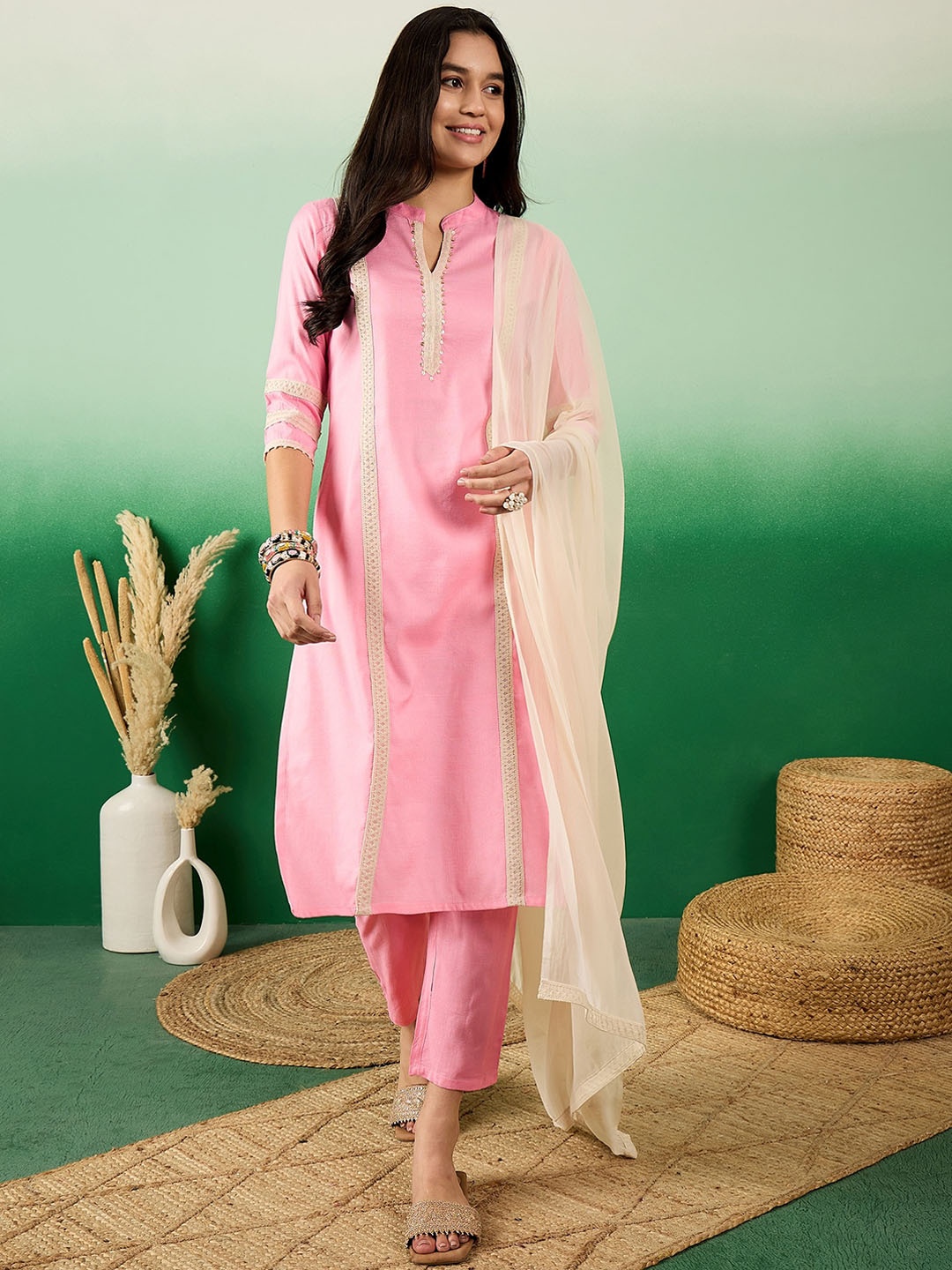 

Sangria Laced Up Round Neck Straight Kurta With Trousers With Dupatta, Pink