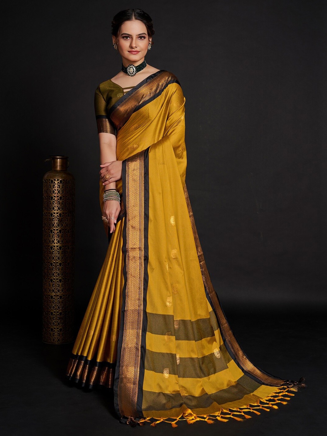 

Sarvada Ethnic Motifs Woven Design Zari Kanjeevaram Saree, Mustard