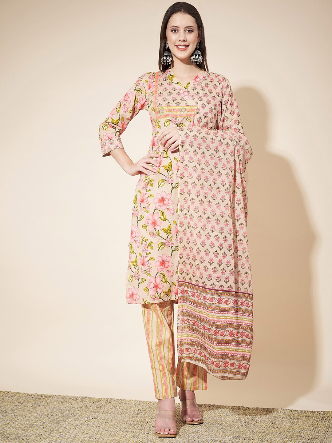 

Vbuyz Floral Printed Regular Mirror Work Pure Cotton Kurta with Trousers & With Dupatta, Beige