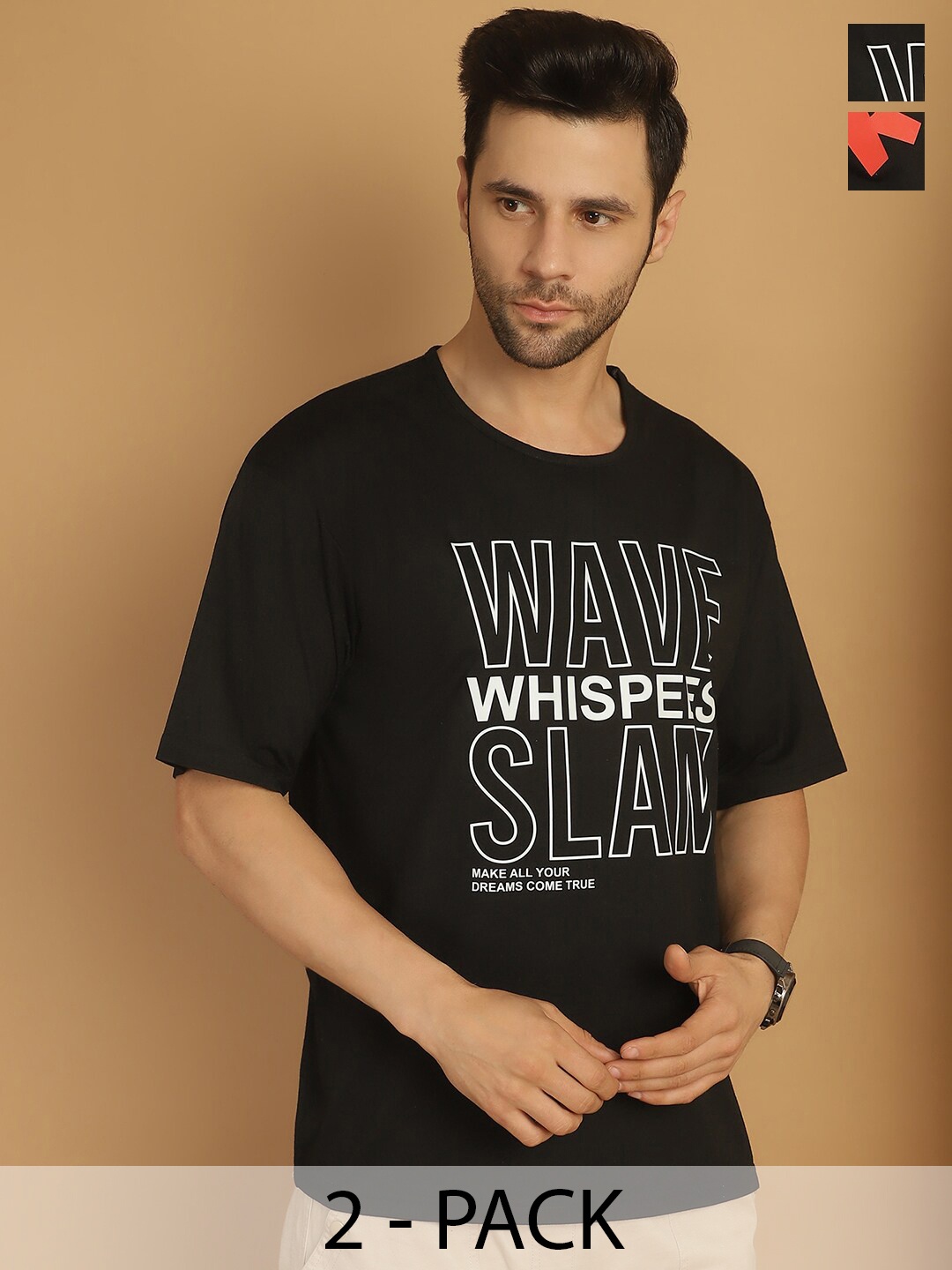 

MACK JONNEY Pack of 2 Typography Printed Cotton Oversized T-shirts, Black