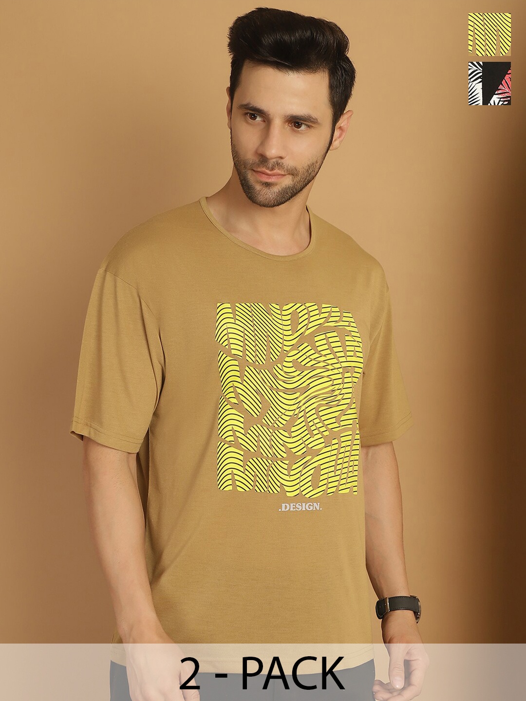 

MACK JONNEY Pack Of 2 Typography Printed Cotton T-shirts, Yellow