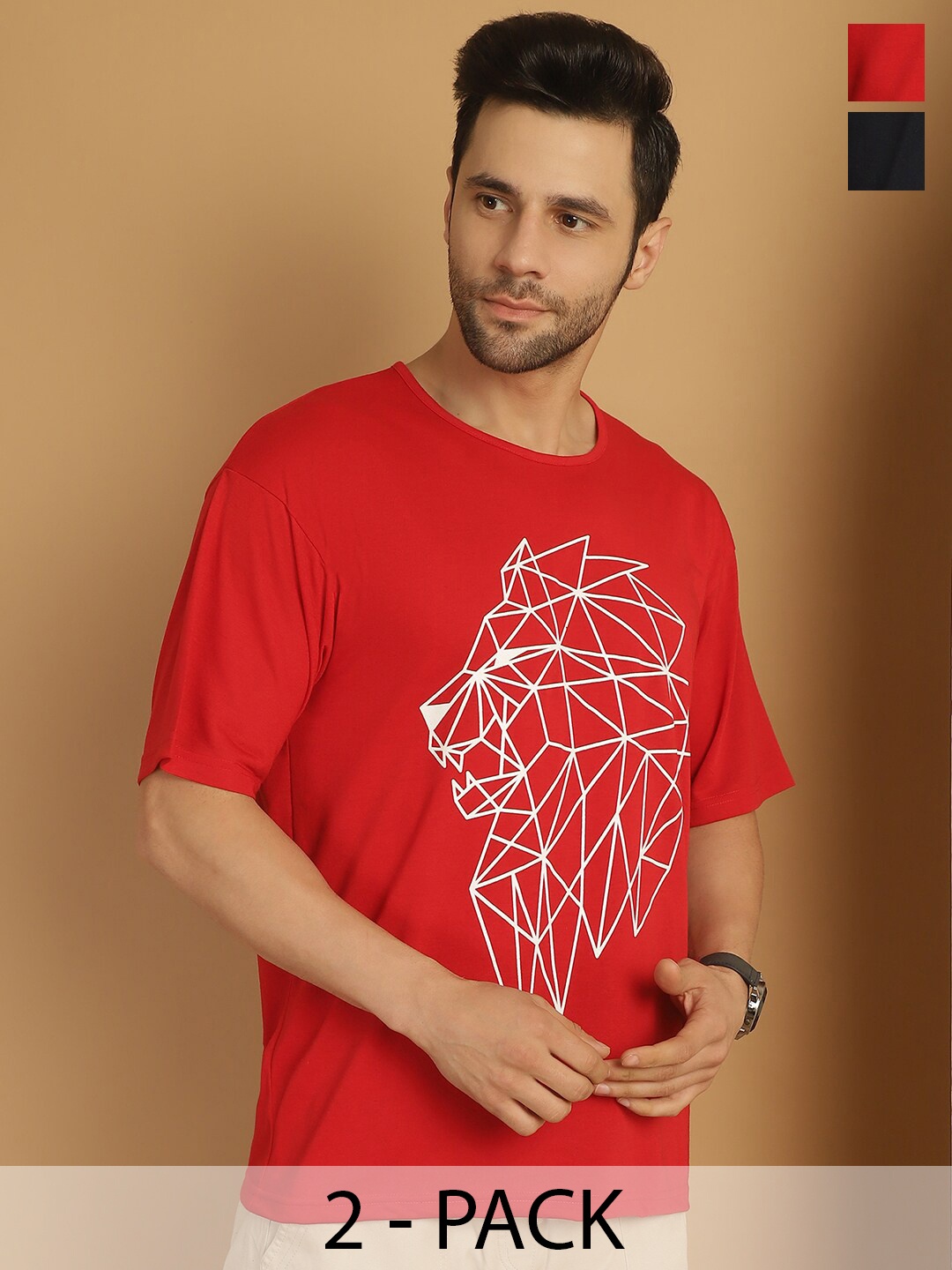 

MACK JONNEY Pack 2 Printed Drop-Shoulder Sleeves Cotton Oversized T-shirts, Red