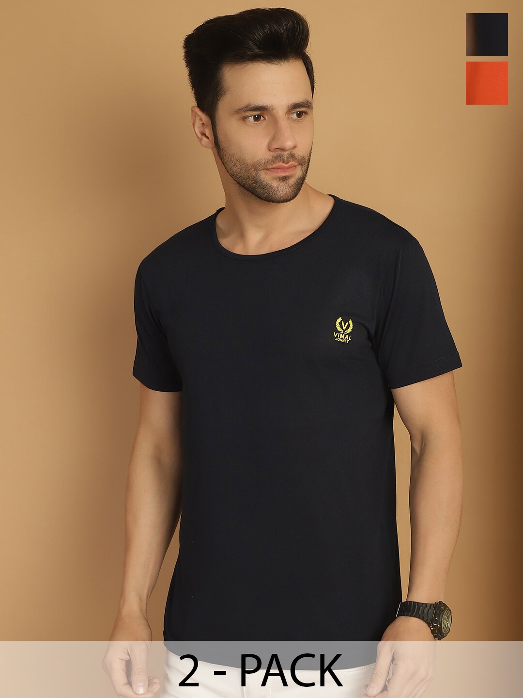 

MACK JONNEY Pack of 2 Round Neck Short Sleeves Cotton Casual T-shirt, Black