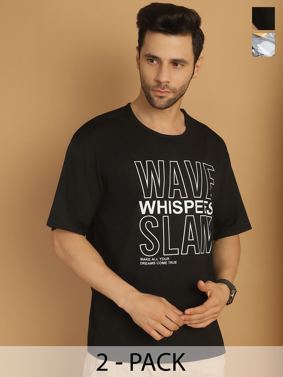 

MACK JONNEY Pack 2 Printed Drop-Shoulder Sleeves Cotton Oversized T-shirts, Black