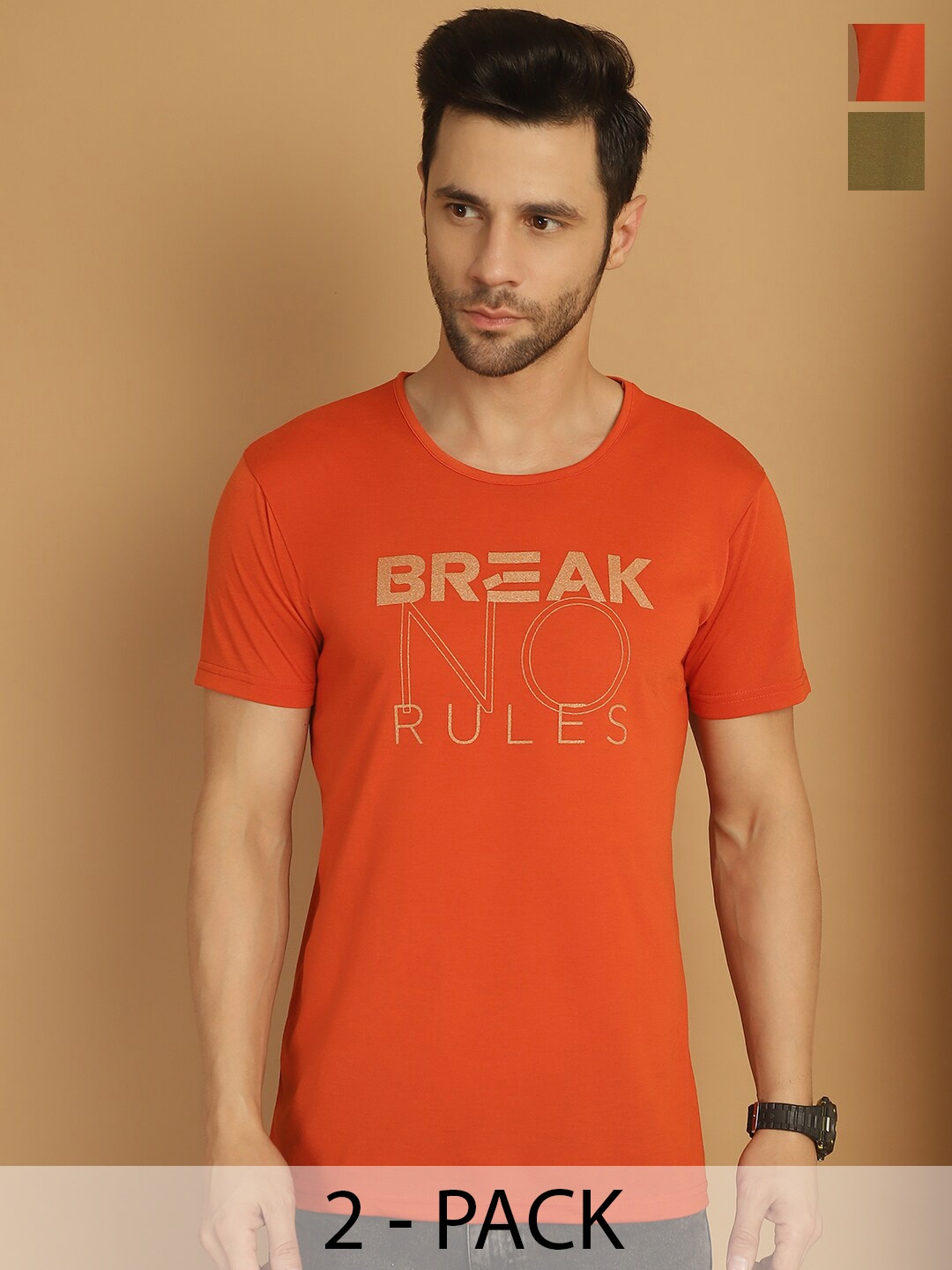 

VIMAL JONNEY Pack of 2 Typography Printed Cotton T-shirts, Orange