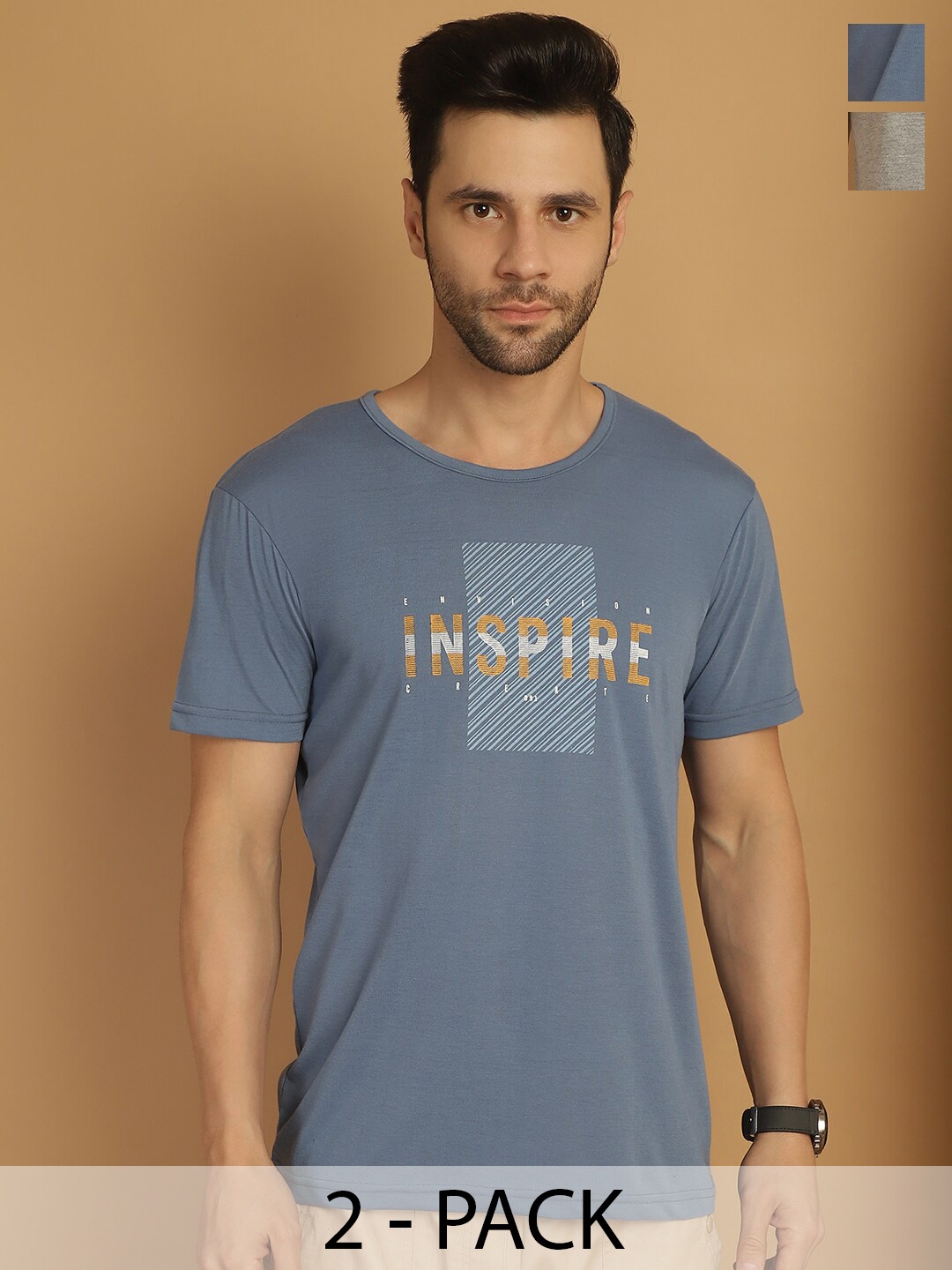 

MACK JONNEY Pack Of 2 Typography Printed Cotton T-shirt, Blue