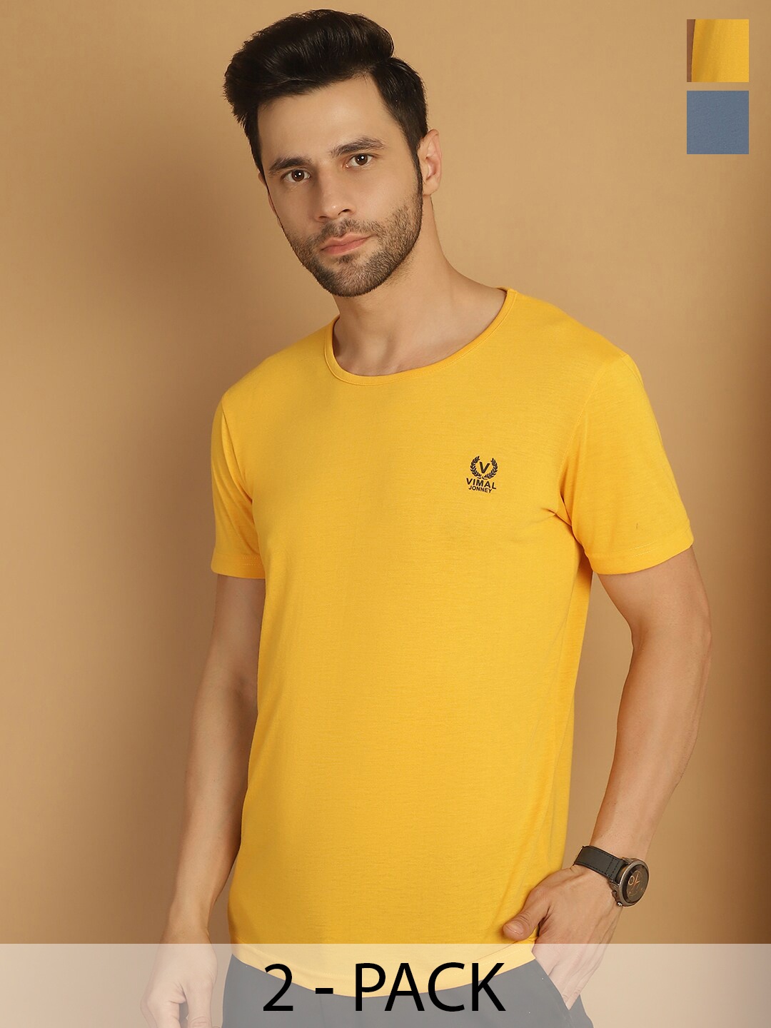 

VIMAL JONNEY Pack Of 2 Round Neck Cotton T-shirts, Yellow