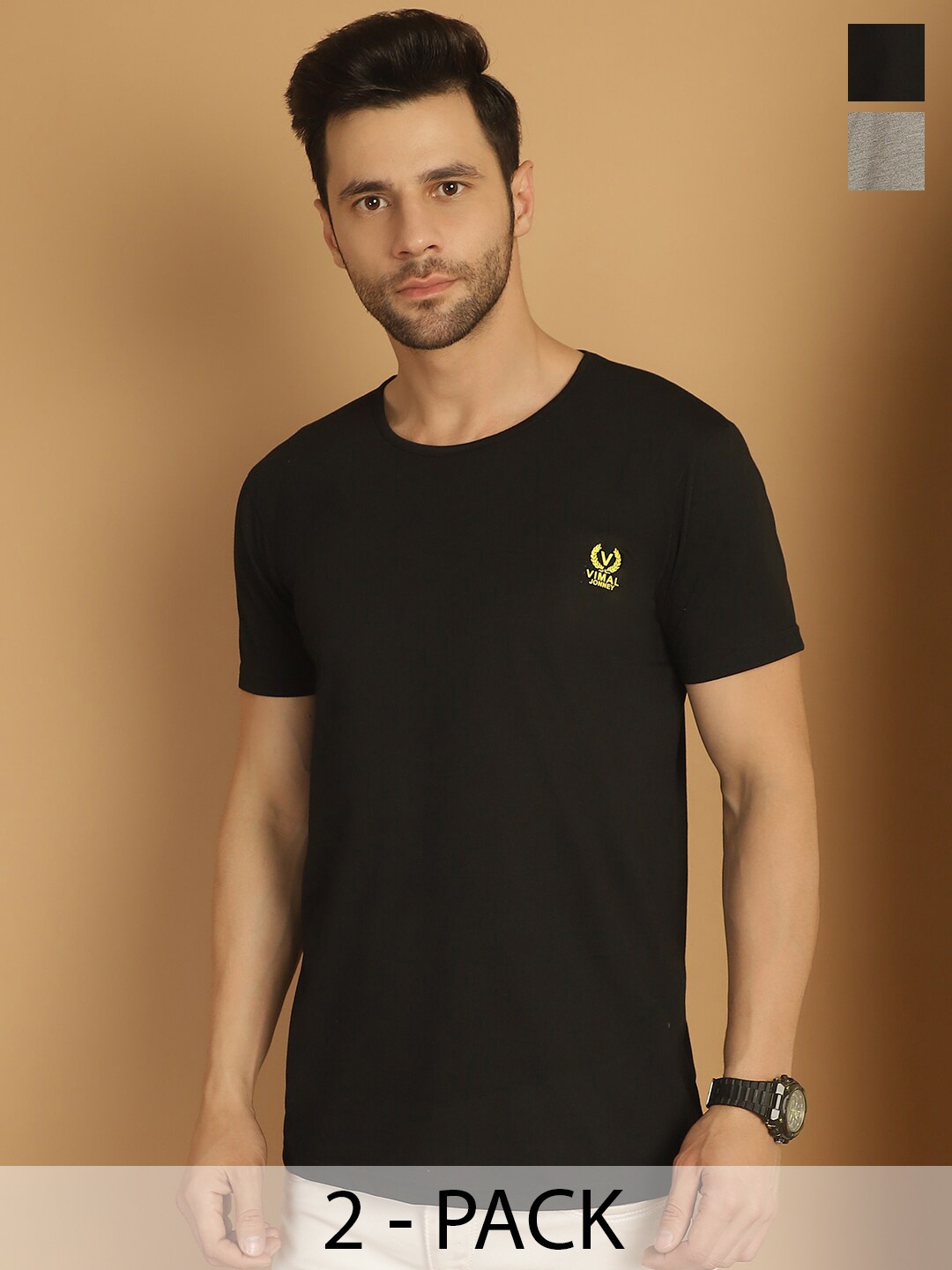 

MACK JONNEY Pack Of 2 Round Neck Cotton T-shirt, Black