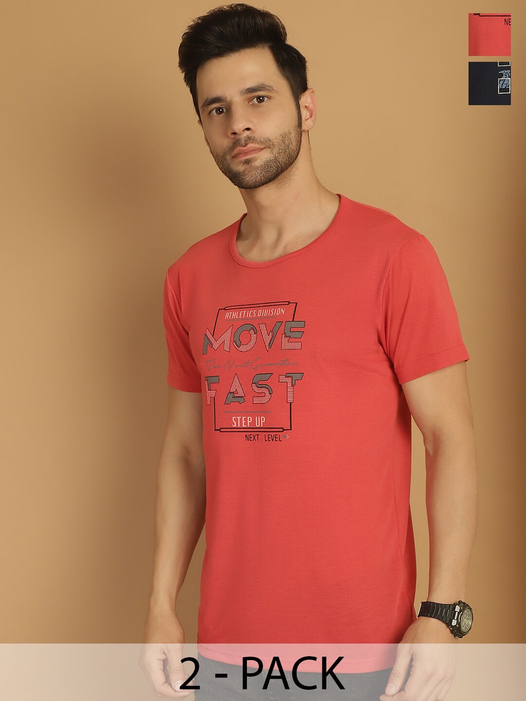 

MACK JONNEY Pack of 2 Typography Printed Round Neck Cotton Casual T-shirt, Red