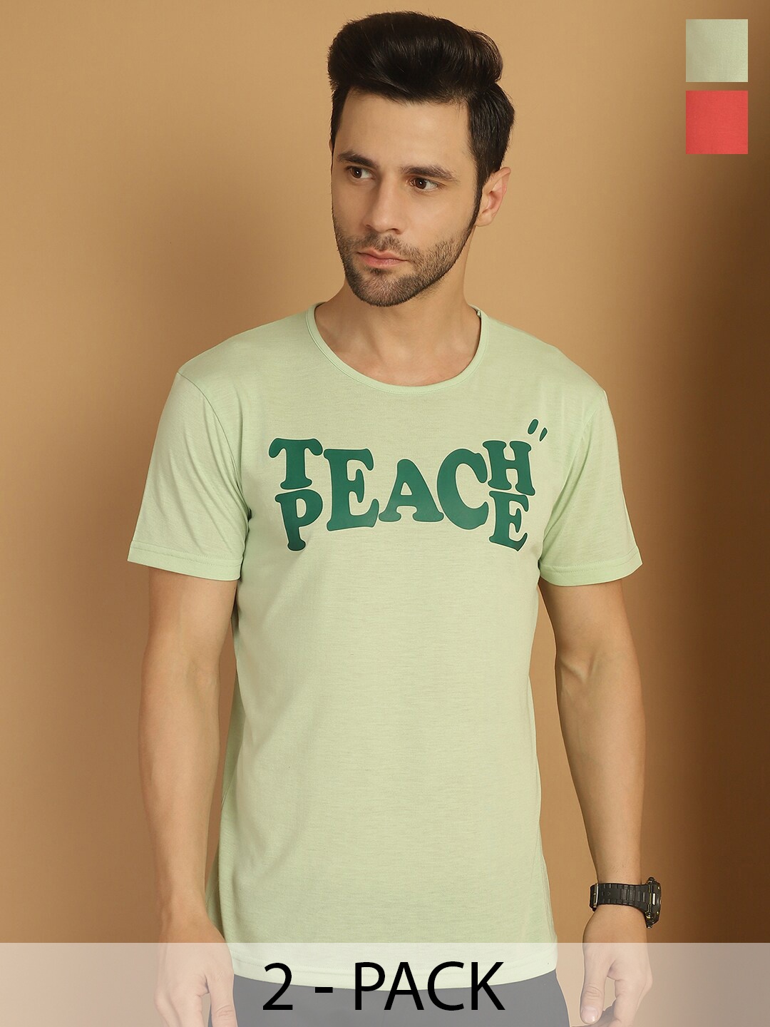 

VIMAL JONNEY Pack Of 2 Typography Printed Regular Fit Cotton T-shirt, Green