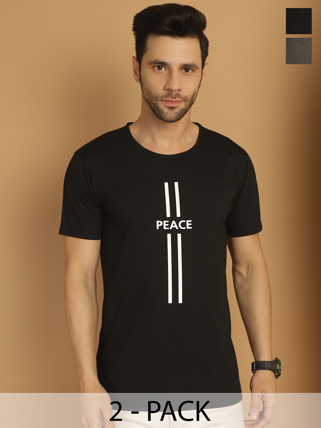 

MACK JONNEY Pack Of 2 Typography Printed Cotton T-shirts, Black