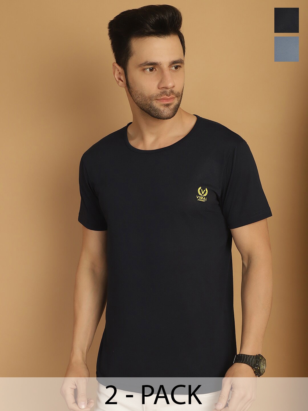 

MACK JONNEY Pack Of 2 Round Neck Cotton Regular T-shirt, Black