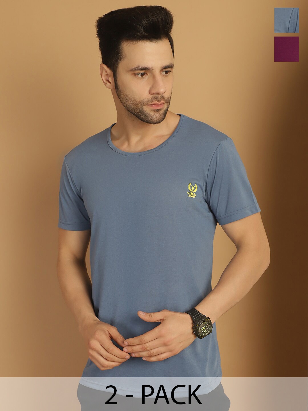 

VIMAL JONNEY Pack Of 2 Round Neck Cotton T-shirts, Grey