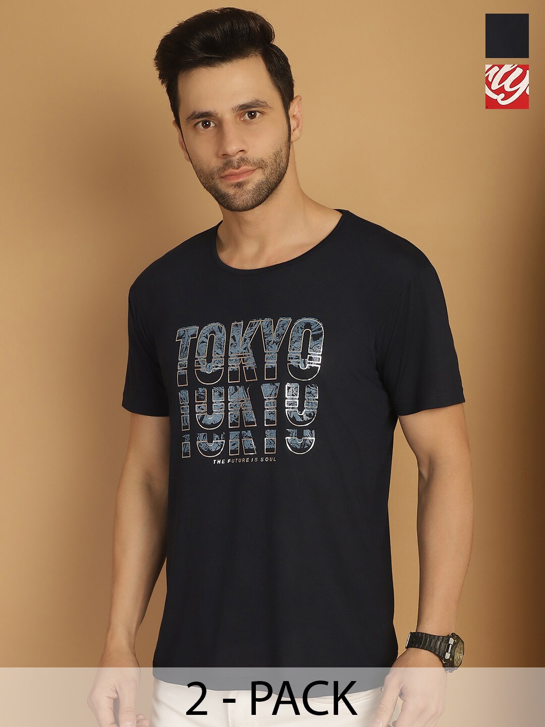 

MACK JONNEY Pack of 2 Short Sleeves Round Neck Cotton T-shirt, Black